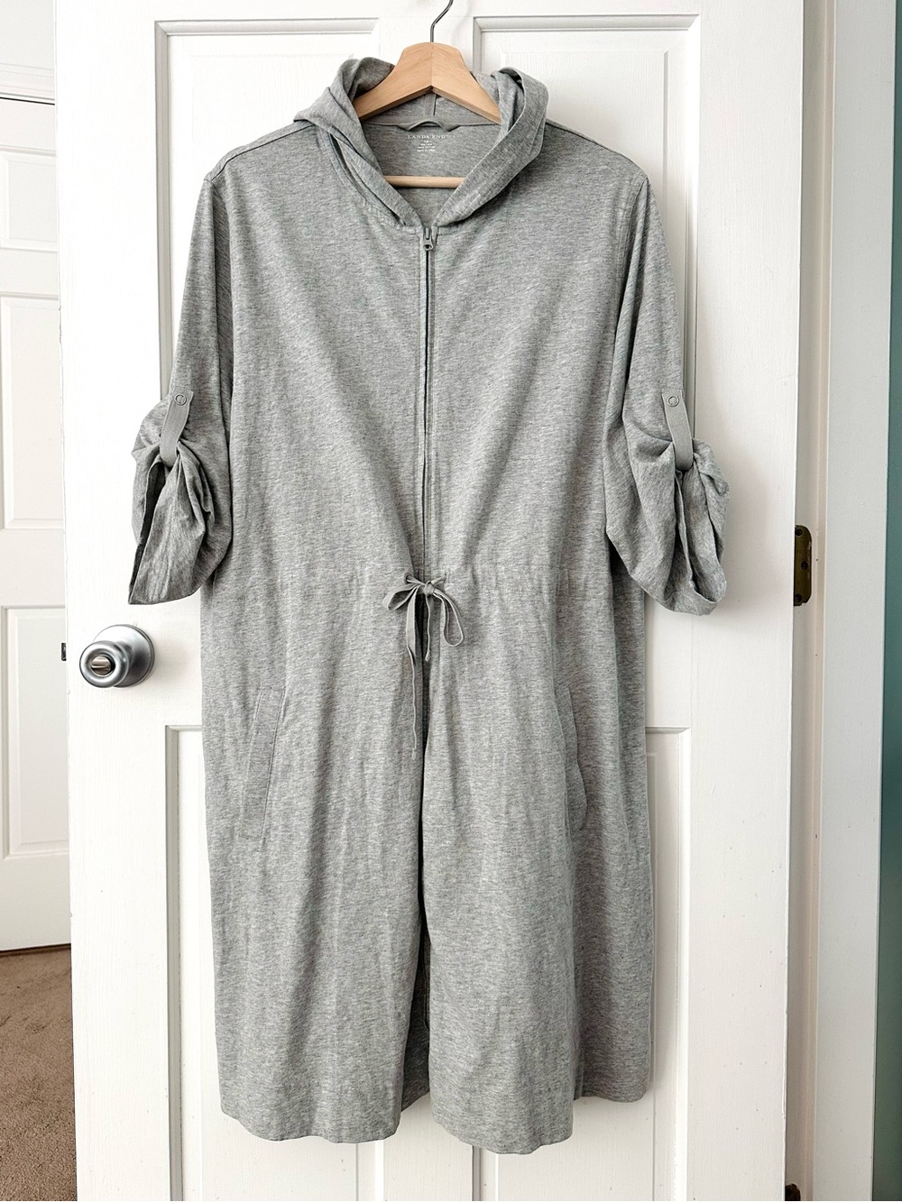 Lands' End Gray Hooded Drawstring Zip-Front Cover-Up Dress Robe Size 1X